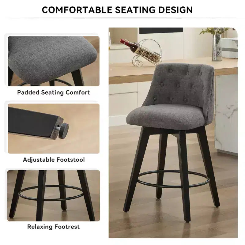 Taburetes de bar giratorios 360° grises (juego de 2) - Taburetes de altura de encimera con estructura de madera maciza para barra de casa