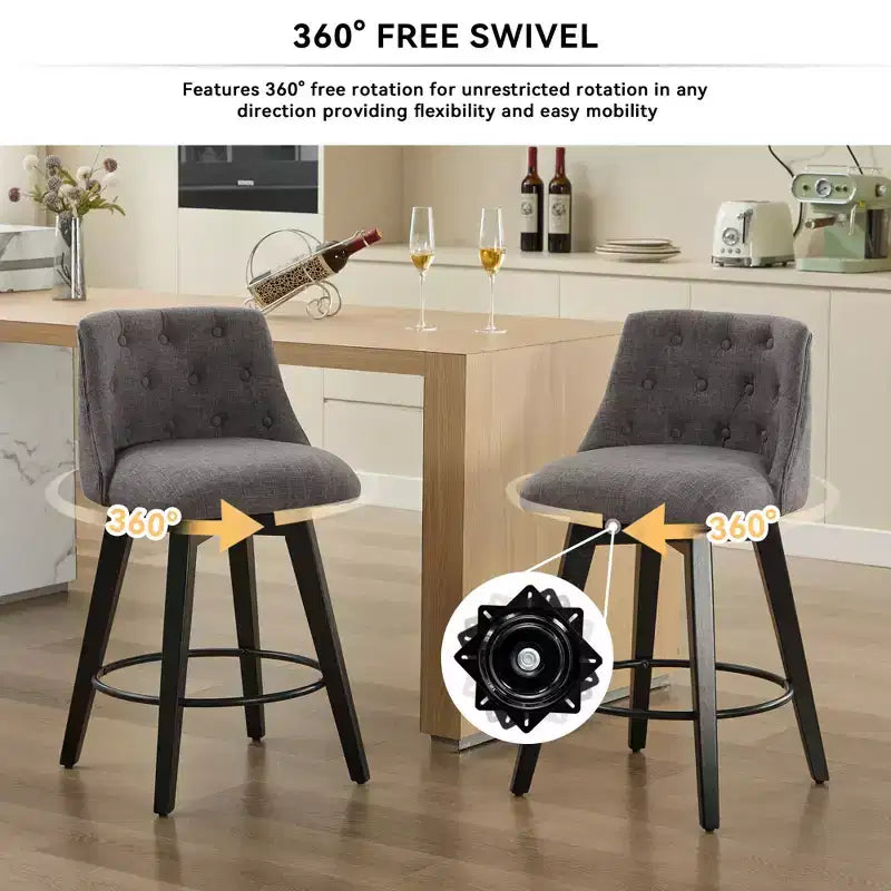 Taburetes de bar giratorios 360° grises (juego de 2) - Taburetes de altura de encimera con estructura de madera maciza para barra de casa