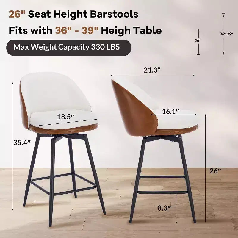 26 taburetes de bar tapizados modernos, juego de 2, taburetes de bar giratorios con respaldo y patas de metal, fácil de montar, para isla de cocina, comedor
