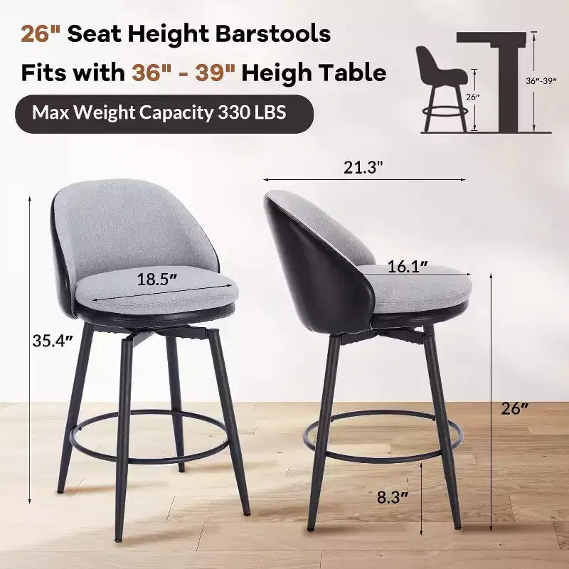 26 taburetes de bar tapizados modernos, juego de 2, taburetes de bar giratorios con respaldo y patas de metal, fácil de montar, para isla de cocina, comedor
