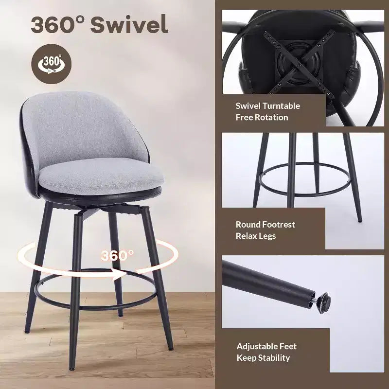 26 taburetes de bar tapizados modernos, juego de 2, taburetes de bar giratorios con respaldo y patas de metal, fácil de montar, para isla de cocina, comedor