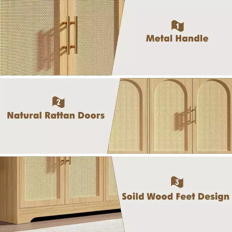 Aparador bufé de 59 pulgadas con 4 puertas de ratán, mesa consola moderna para sala de estar, cocina, comedor