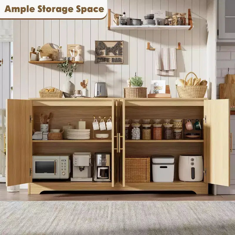 Aparador bufé de 59 pulgadas con 4 puertas de ratán, mesa consola moderna para sala de estar, cocina, comedor