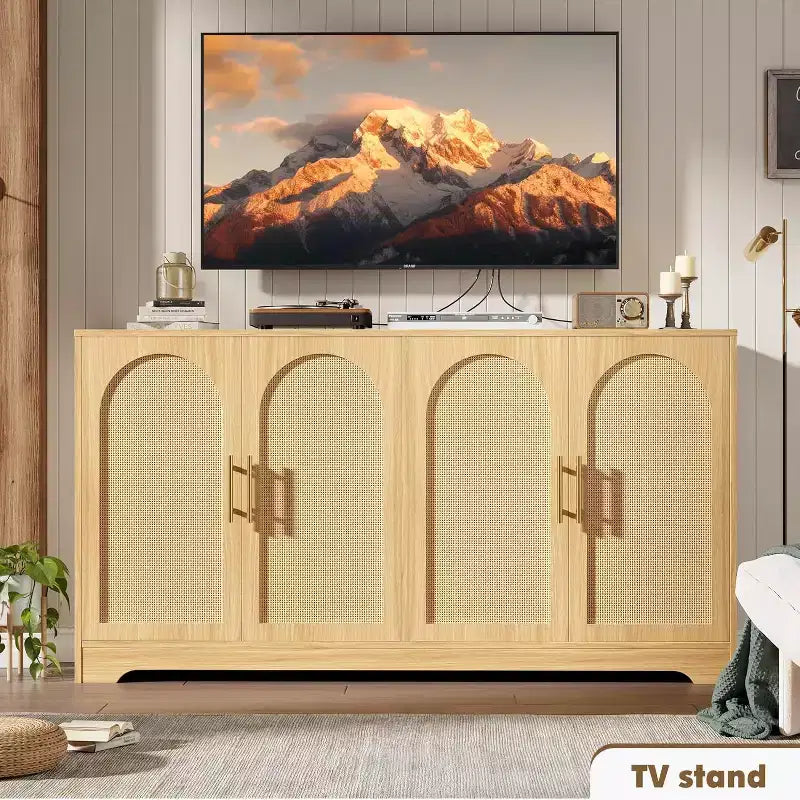 Aparador bufé de 59 pulgadas con 4 puertas de ratán, mesa consola moderna para sala de estar, cocina, comedor