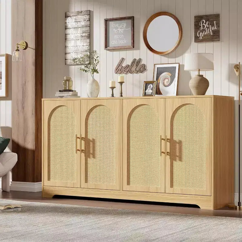 Aparador bufé de 59 pulgadas con 4 puertas de ratán, mesa consola moderna para sala de estar, cocina, comedor