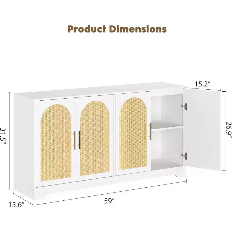 Aparador bufé de 59 pulgadas con 4 puertas de ratán, mesa consola moderna para sala de estar, cocina, comedor