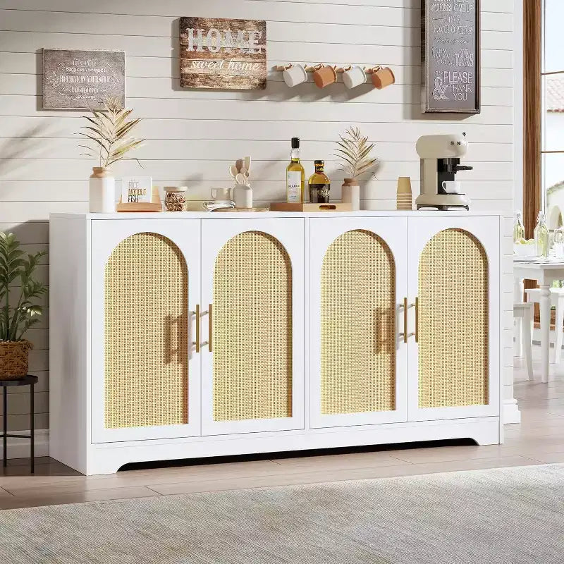Aparador bufé de 59 pulgadas con 4 puertas de ratán, mesa consola moderna para sala de estar, cocina, comedor