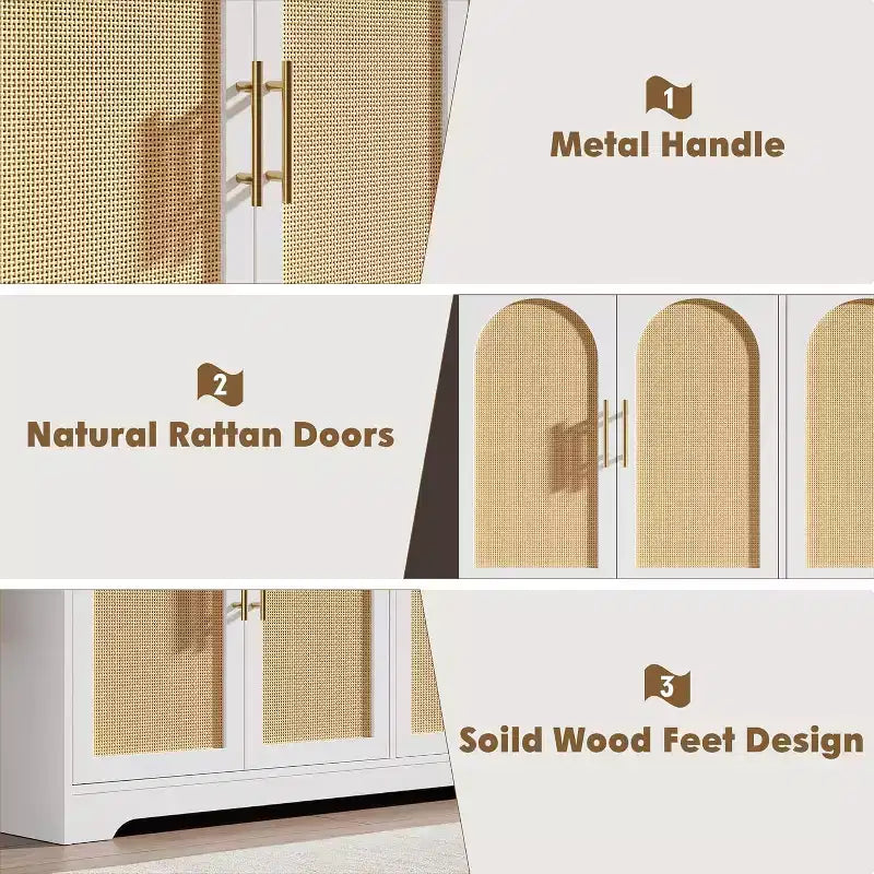 Aparador bufé de 59 pulgadas con 4 puertas de ratán, mesa consola moderna para sala de estar, cocina, comedor