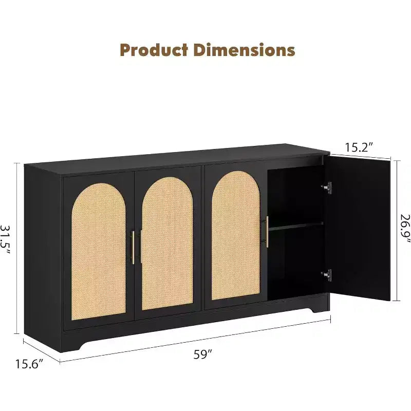 Aparador bufé de 59 pulgadas con 4 puertas de ratán, mesa consola moderna para sala de estar, cocina, comedor