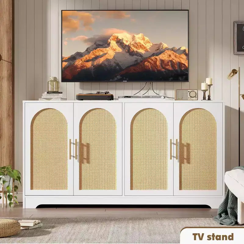 Aparador bufé de 59 pulgadas con 4 puertas de ratán, mesa consola moderna para sala de estar, cocina, comedor