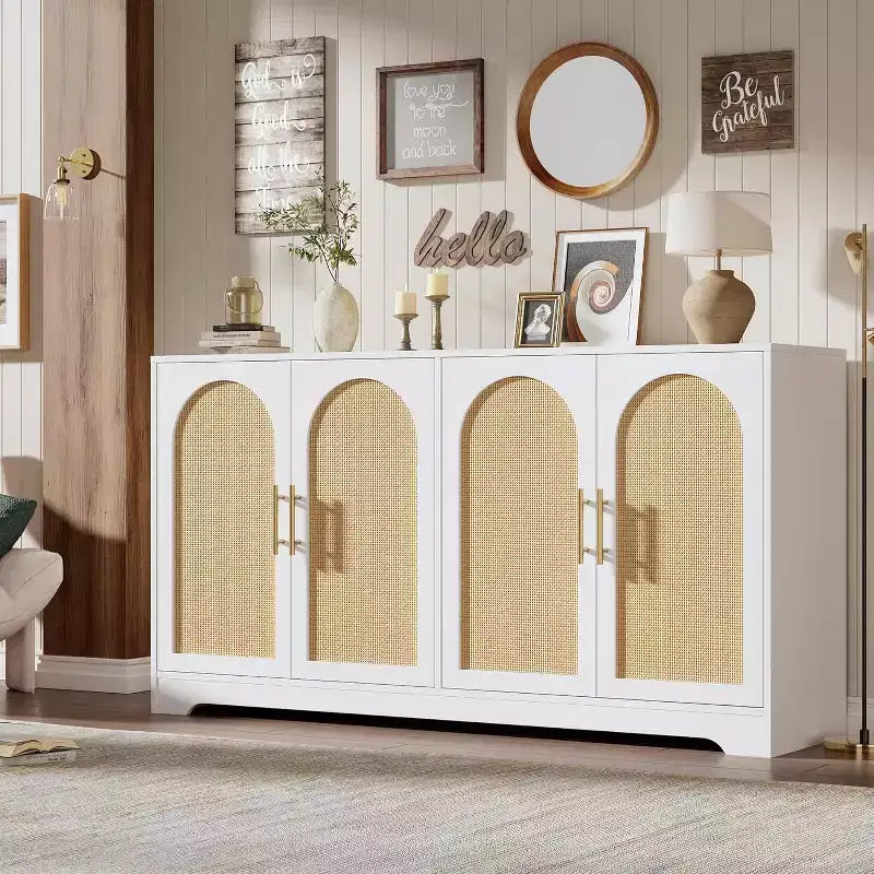 Aparador bufé de 59 pulgadas con 4 puertas de ratán, mesa consola moderna para sala de estar, cocina, comedor