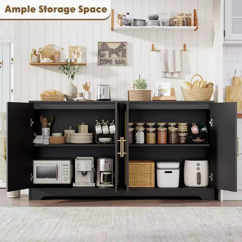 Aparador bufé de 59 pulgadas con 4 puertas de ratán, mesa consola moderna para sala de estar, cocina, comedor
