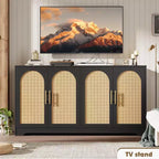 Aparador bufé de 59 pulgadas con 4 puertas de ratán, mesa consola moderna para sala de estar, cocina, comedor
