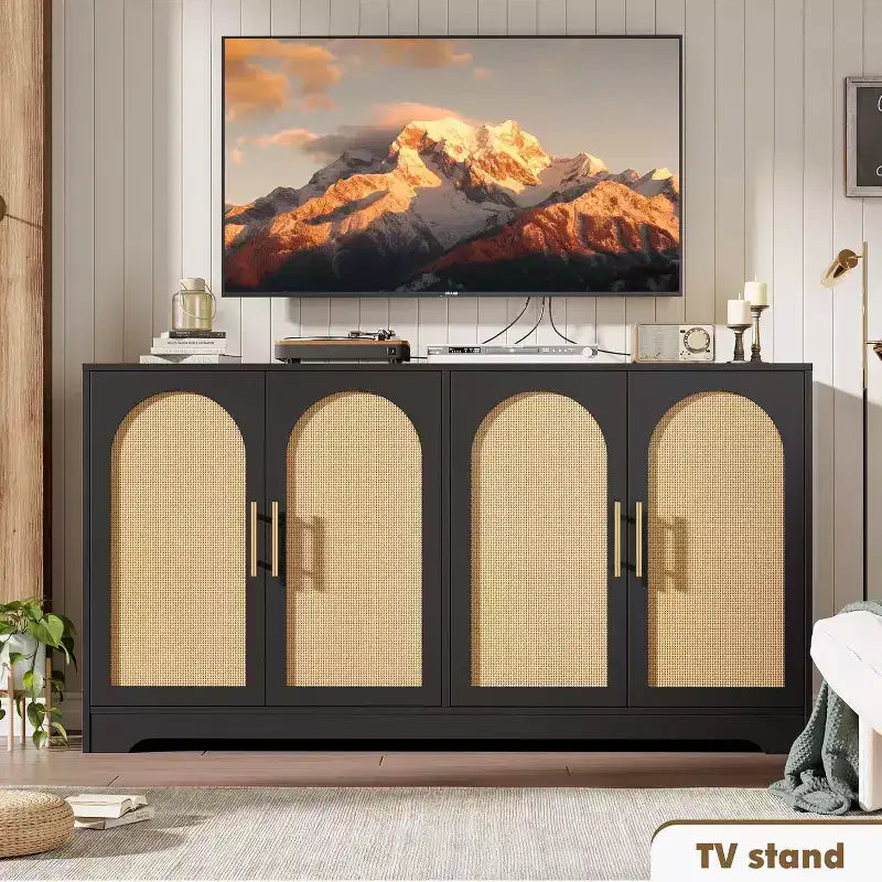 Aparador bufé de 59 pulgadas con 4 puertas de ratán, mesa consola moderna para sala de estar, cocina, comedor