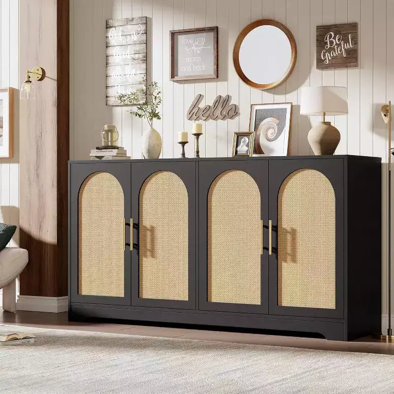 Aparador bufé de 59 pulgadas con 4 puertas de ratán, mesa consola moderna para sala de estar, cocina, comedor