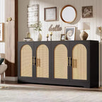 Aparador bufé de 59 pulgadas con 4 puertas de ratán, mesa consola moderna para sala de estar, cocina, comedor