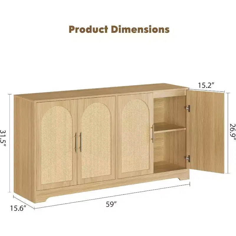 Aparador bufé de 59 pulgadas con 4 puertas de ratán, mesa consola moderna para sala de estar, cocina, comedor