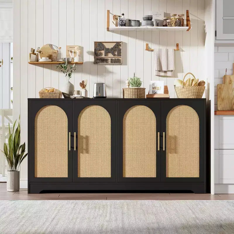 59 Sideboard Buffet Cabinet with 4 Rattan Doors, Modern Console Table Accent Coffee Bar Cabinet for Living Room, Kitchen, Dining Room