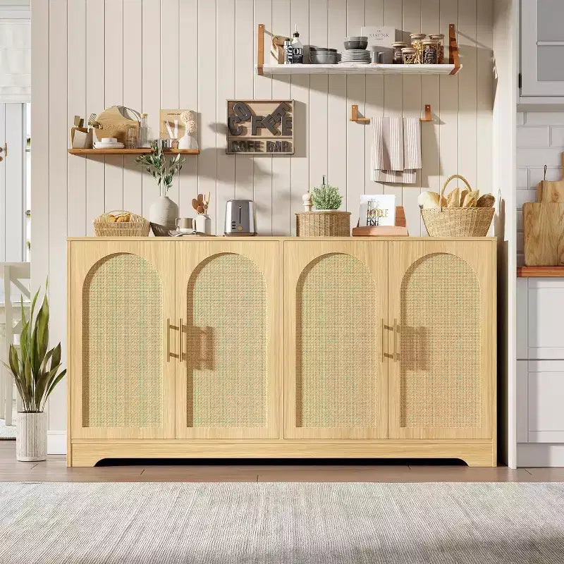 Aparador bufé de 59 pulgadas con 4 puertas de ratán, mesa consola moderna para sala de estar, cocina, comedor