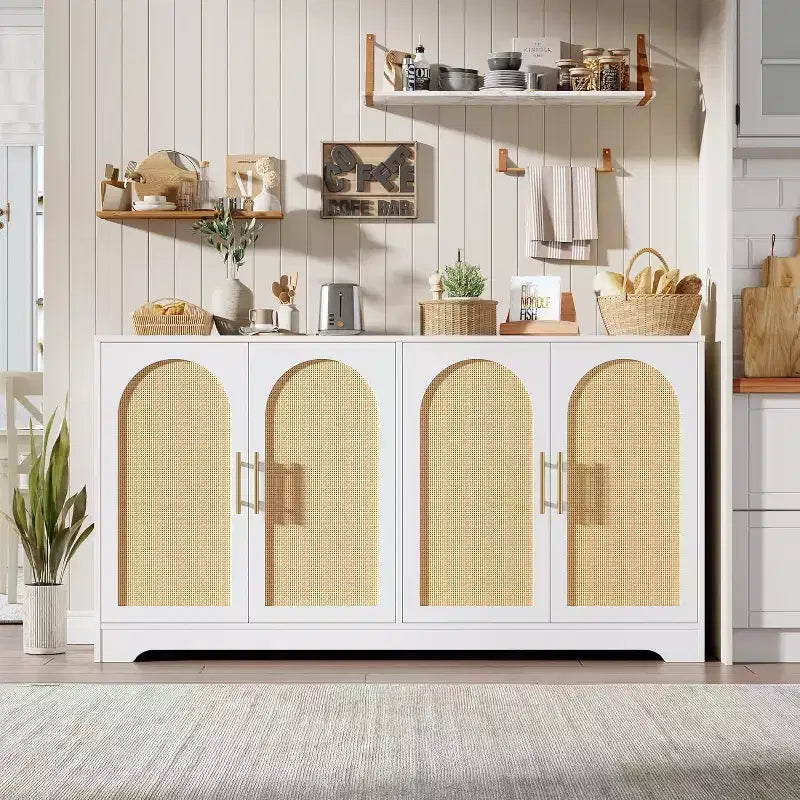Aparador bufé de 59 pulgadas con 4 puertas de ratán, mesa consola moderna para sala de estar, cocina, comedor