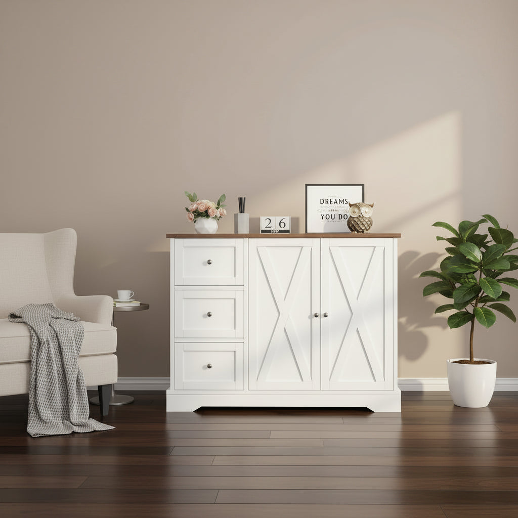 Sideboard Buffet Cabinet with Storage, 55 Kitchen Cabinet, 3 Drawers and 2 Doors, Coffee Bar Cabinet with Rubberwood Tabletop