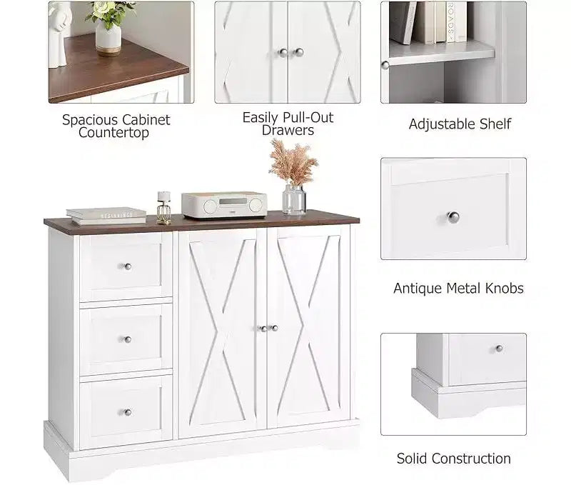 Aparador de cocina con almacenamiento, mueble de cocina de 55 pulgadas, 3 cajones y 2 puertas, mueble de barra de café con encimera de madera de caucho