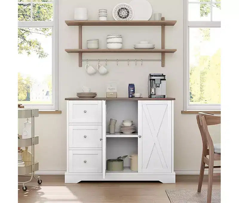 Aparador de cocina con almacenamiento, mueble de cocina de 55 pulgadas, 3 cajones y 2 puertas, mueble de barra de café con encimera de madera de caucho