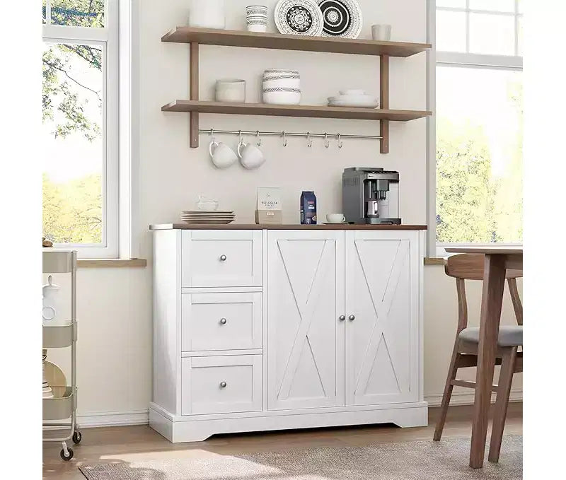 Aparador de cocina con almacenamiento, mueble de cocina de 55 pulgadas, 3 cajones y 2 puertas, mueble de barra de café con encimera de madera de caucho
