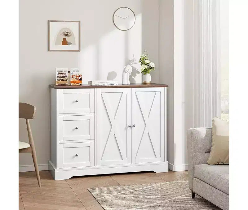 Aparador de cocina con almacenamiento, mueble de cocina de 55 pulgadas, 3 cajones y 2 puertas, mueble de barra de café con encimera de madera de caucho