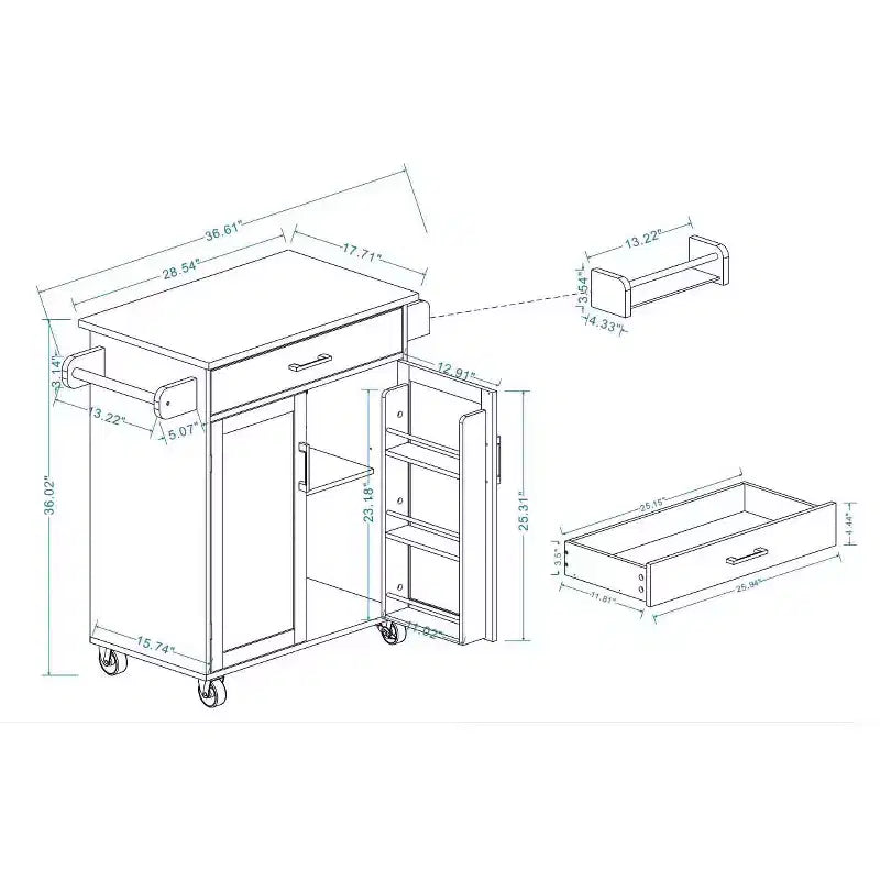 Carro de cocina rodante blanco, encimera de madera de caucho, 1 cajón, 2 puertas, estantes ajustables