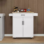 Carro de cocina rodante blanco, encimera de madera de caucho, 1 cajón, 2 puertas, estantes ajustables