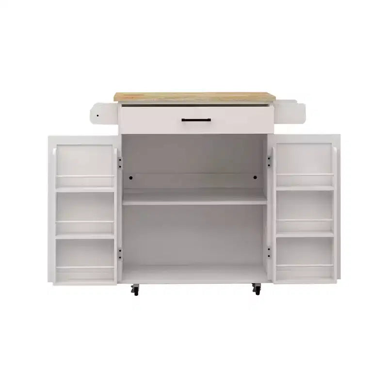 Carro de cocina rodante blanco, encimera de madera de caucho, 1 cajón, 2 puertas, estantes ajustables
