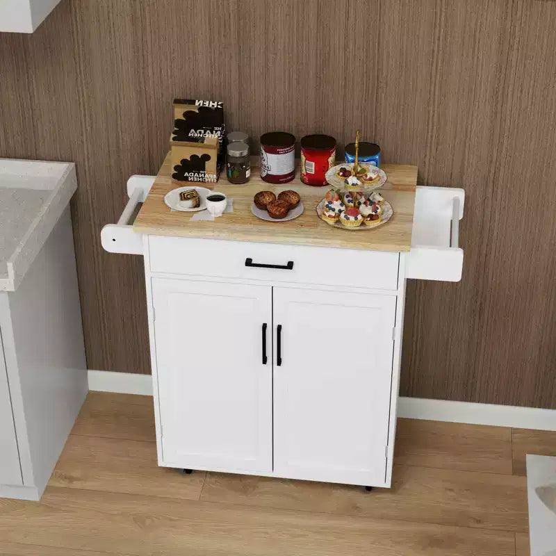 Carro de cocina rodante blanco, encimera de madera de caucho, 1 cajón, 2 puertas, estantes ajustables