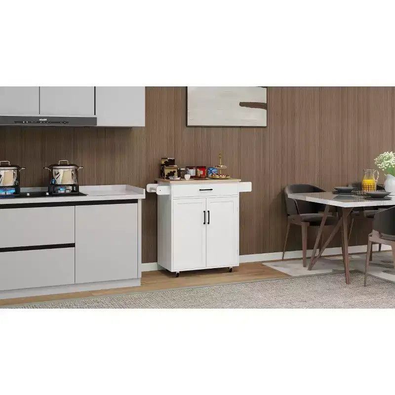 Carro de cocina rodante blanco, encimera de madera de caucho, 1 cajón, 2 puertas, estantes ajustables