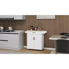 Carro de cocina rodante blanco, encimera de madera de caucho, 1 cajón, 2 puertas, estantes ajustables