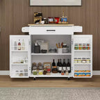 Carro de cocina rodante blanco, encimera de madera de caucho, 1 cajón, 2 puertas, estantes ajustables