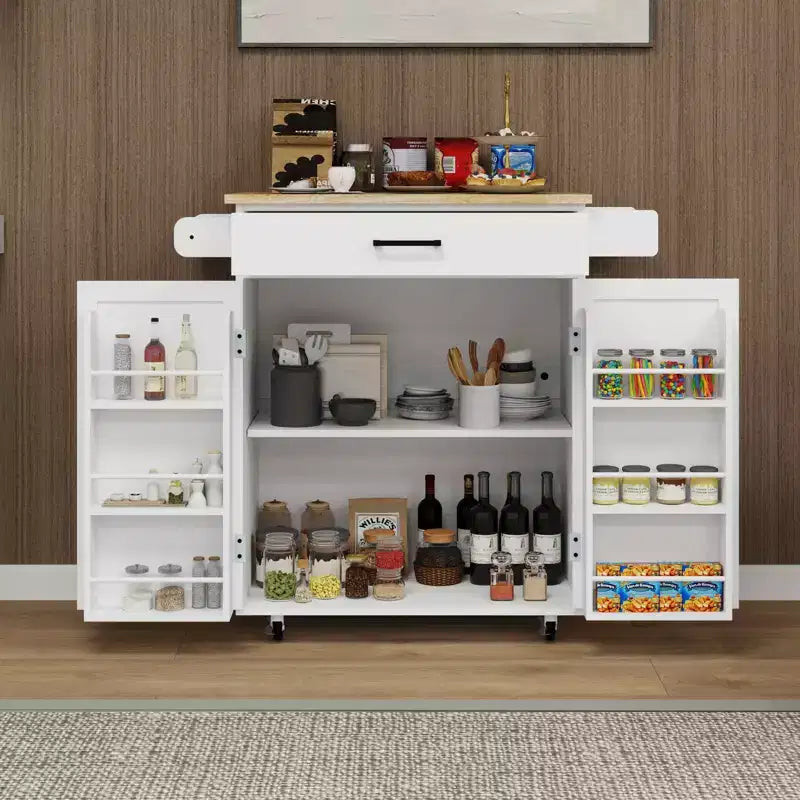 Carro de cocina rodante blanco, encimera de madera de caucho, 1 cajón, 2 puertas, estantes ajustables