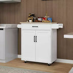 Carro de cocina rodante blanco, encimera de madera de caucho, 1 cajón, 2 puertas, estantes ajustables