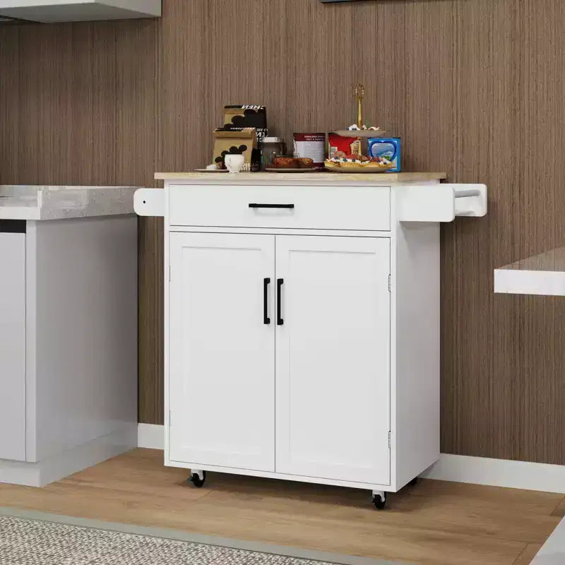 Carro de cocina rodante blanco, encimera de madera de caucho, 1 cajón, 2 puertas, estantes ajustables