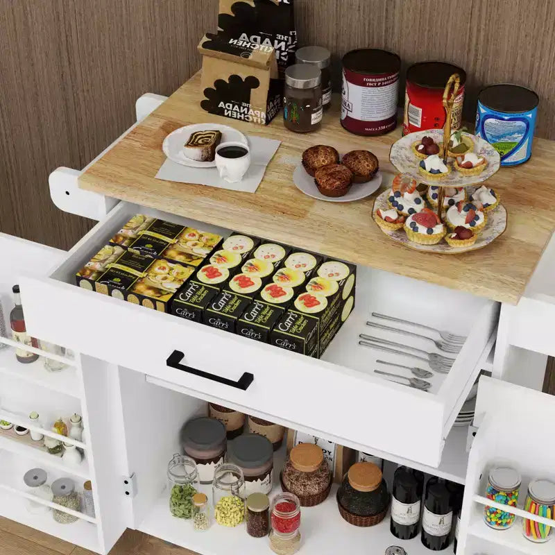 Carro de cocina rodante blanco, encimera de madera de caucho, 1 cajón, 2 puertas, estantes ajustables
