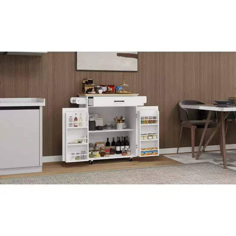 Carro de cocina rodante blanco, encimera de madera de caucho, 1 cajón, 2 puertas, estantes ajustables