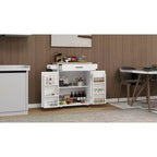 Carro de cocina rodante blanco, encimera de madera de caucho, 1 cajón, 2 puertas, estantes ajustables