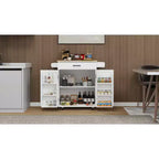 Carro de cocina rodante blanco, encimera de madera de caucho, 1 cajón, 2 puertas, estantes ajustables