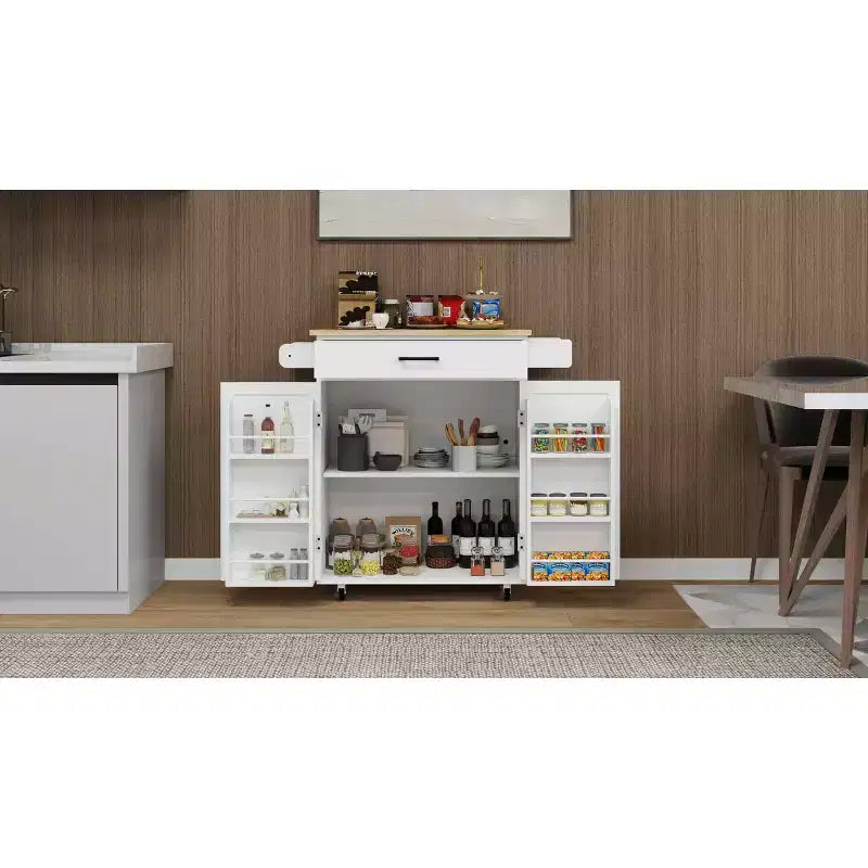 Carro de cocina rodante blanco, encimera de madera de caucho, 1 cajón, 2 puertas, estantes ajustables