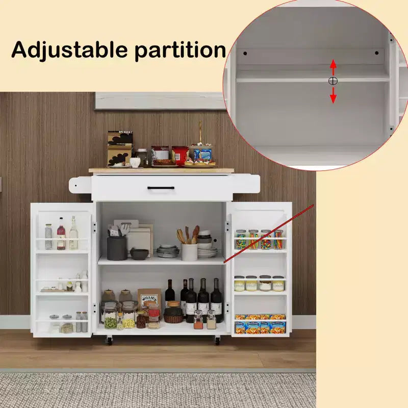 Carro de cocina rodante blanco, encimera de madera de caucho, 1 cajón, 2 puertas, estantes ajustables