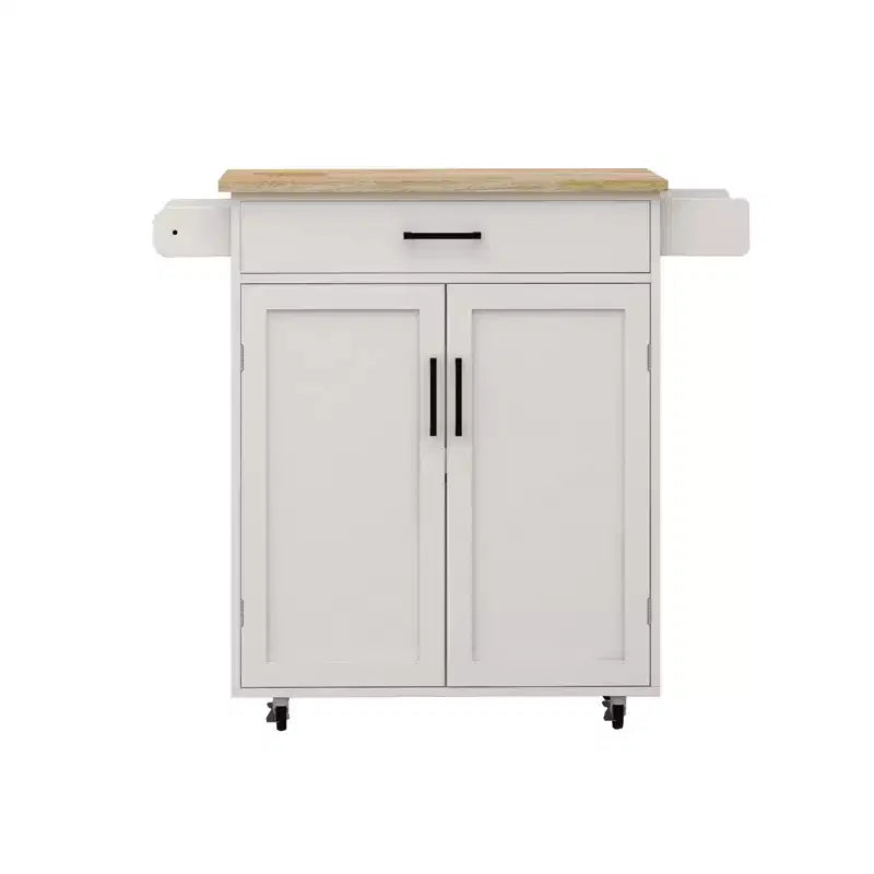 Carro de cocina rodante blanco, encimera de madera de caucho, 1 cajón, 2 puertas, estantes ajustables