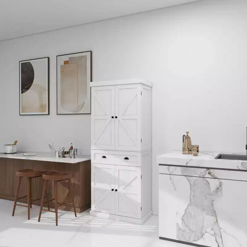 Despensa de cocina blanca independiente de 71 pulgadas, 4 puertas, 1 cajón, 2 estantes ajustables