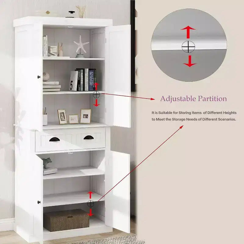 Despensa de cocina blanca independiente de 71 pulgadas, 4 puertas, 1 cajón, 2 estantes ajustables