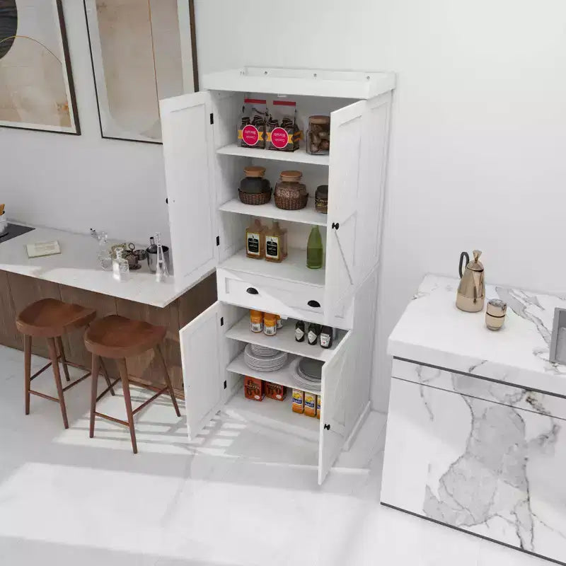 Despensa de cocina blanca independiente de 71 pulgadas, 4 puertas, 1 cajón, 2 estantes ajustables