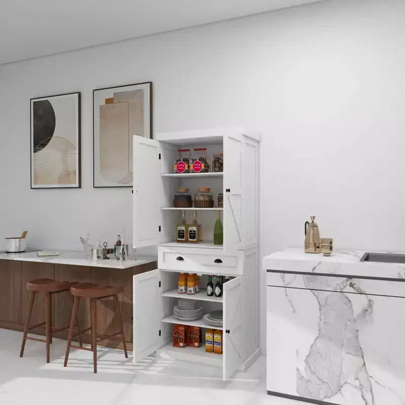 Despensa de cocina blanca independiente de 71 pulgadas, 4 puertas, 1 cajón, 2 estantes ajustables